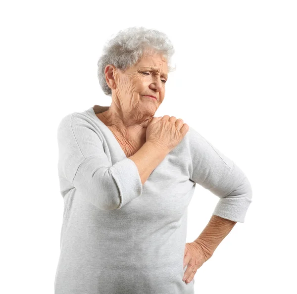 Femme Âgée Souffrant Douleur Épaule Sur Fond Blanc — Photo