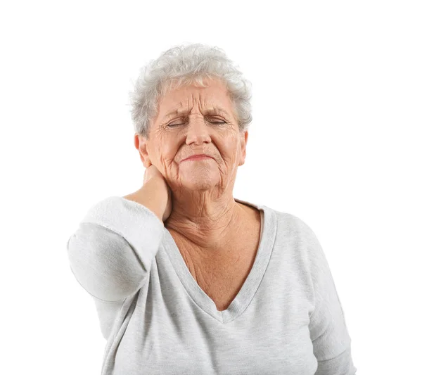 Seniorin Leidet Unter Nackenschmerzen Auf Weißem Hintergrund — Stockfoto