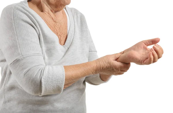 Senior Vrouw Lijden Aan Pijn Pols Witte Achtergrond — Stockfoto