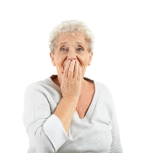 Portrait Elderly Woman Making Mistake White Background — Stock Photo, Image