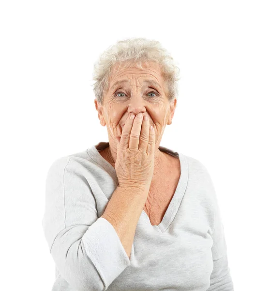 Retrato Anciana Después Cometer Error Sobre Fondo Blanco —  Fotos de Stock