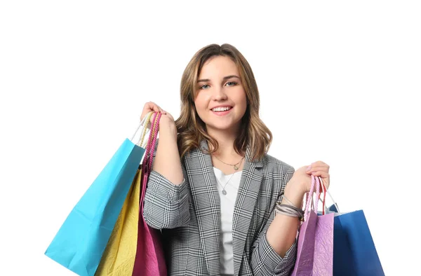 Schöne Junge Frau Mit Einkaufstaschen Auf Weißem Hintergrund — Stockfoto