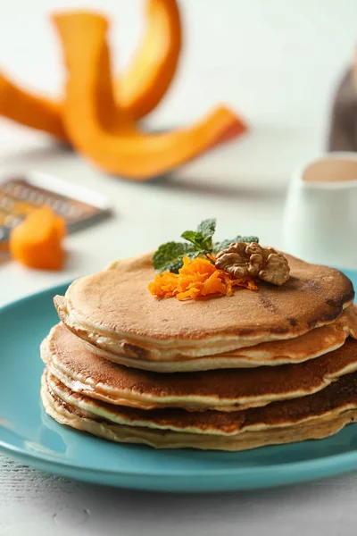 Stack Hot Tasty Pancakes Pumpkin Plate — Stock Photo, Image