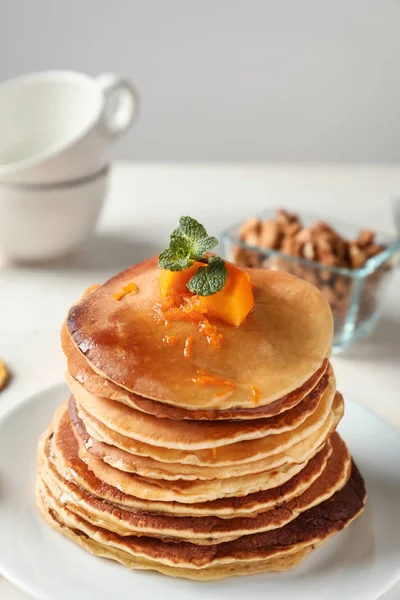Stack Hot Tasty Pancakes Pumpkin Plate — Stock Photo, Image
