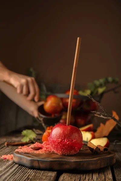 Red Candy Apple Wooden Table — Stock Photo, Image