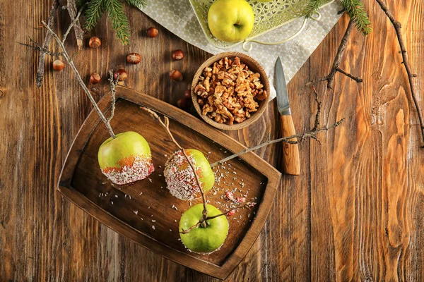 Delicious Candy Apples Walnuts Wooden Table — Stock Photo, Image