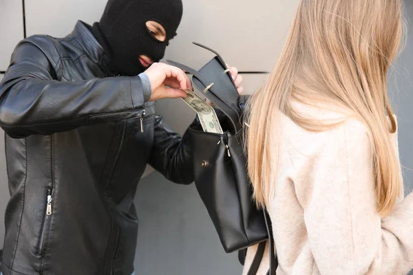 Male Thief Stealing Money Young Woman Outdoors — Stock Photo, Image