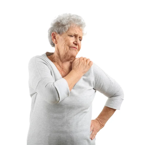 Senior Woman Suffering Pain Shoulder White Background Stock Image