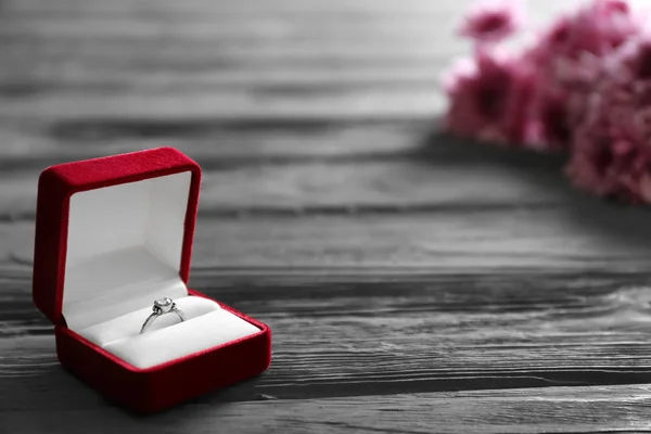 Open Box Engagement Ring Wooden Table — Stock Photo, Image