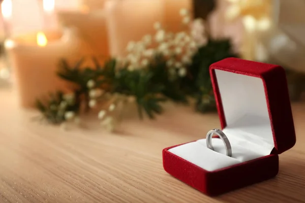 Beautiful Box Engagement Ring Wooden Table — Stock Photo, Image