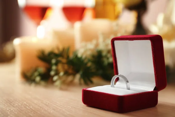 Beautiful Box Engagement Ring Wooden Table — Stock Photo, Image