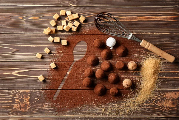 Tasty Chocolate Truffles Powdered Cacao Wooden Table — Stock Photo, Image
