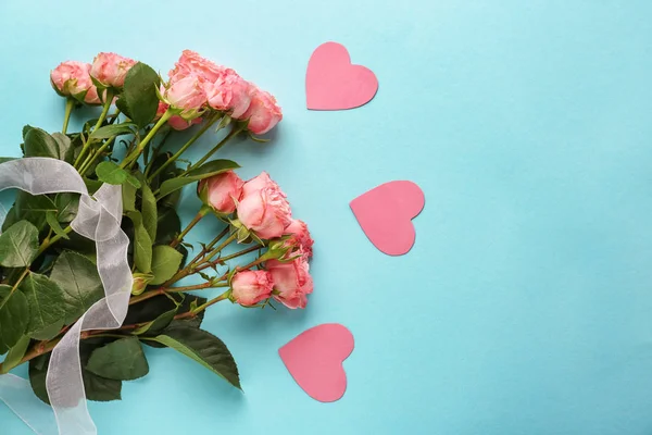 Mooi Boeket Rozen Kleur Achtergrond Valentines Day Viering — Stockfoto