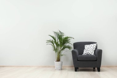 Rahat koltuk ve houseplant ışık duvarının yakınında