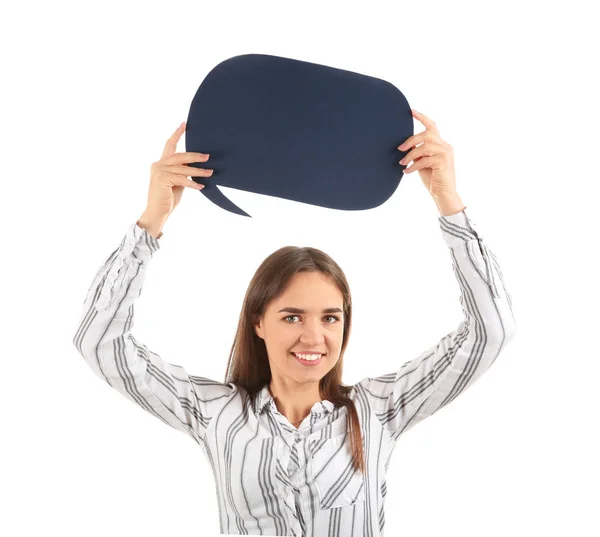 Young Woman Blank Speech Bubble White Background — Stock Photo, Image