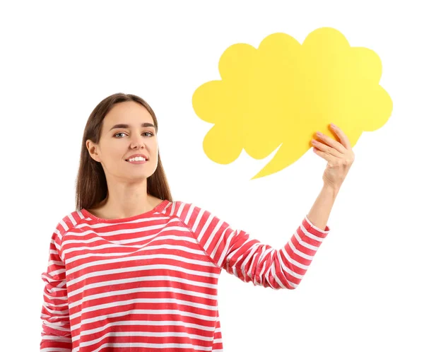 Young Woman Blank Speech Bubble White Background — Stock Photo, Image