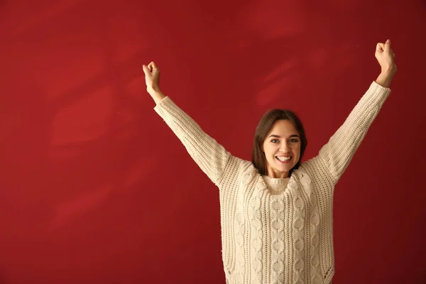 Happy Young Woman Color Background — Stock Photo, Image