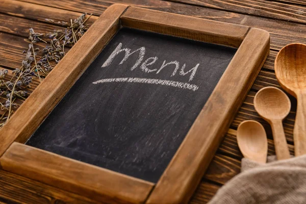 Text Menu Written Chalk Board Closeup — Stock Photo, Image