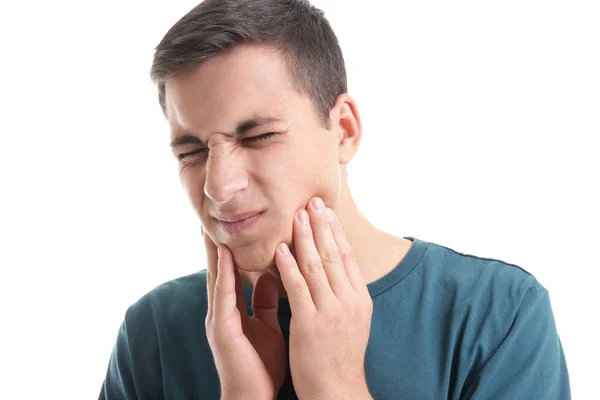 Mladý Muž Trpí Bolestí Zubů Bílém Pozadí — Stock fotografie