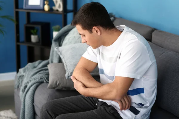 Young Man Suffering Pain Elbow Home — Stock Photo, Image