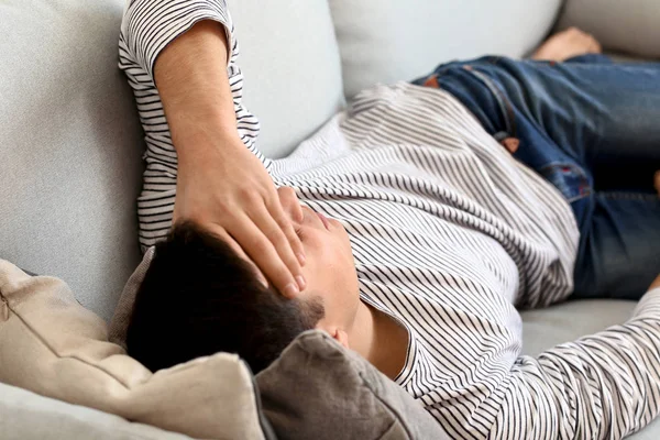 Young Man Suffering Headache Home — Stock Photo, Image