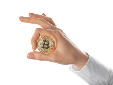 El ile bitcoin beyaz arka plan üzerinde
