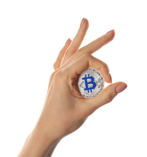 Mano Femenina Con Bitcoin Sobre Fondo Blanco —  Fotos de Stock