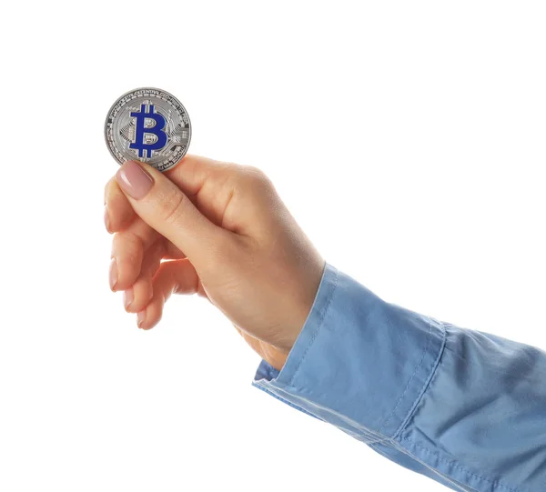 Female Hand Bitcoin White Background — Stock Photo, Image