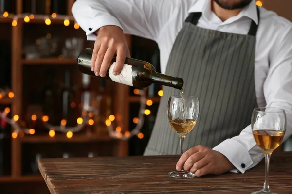 Barman Pouring Wine Bottle Glass Counter — Stock Photo, Image