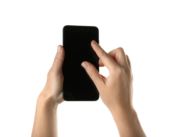 Female Hands Mobile Phone White Background — Stock Photo, Image