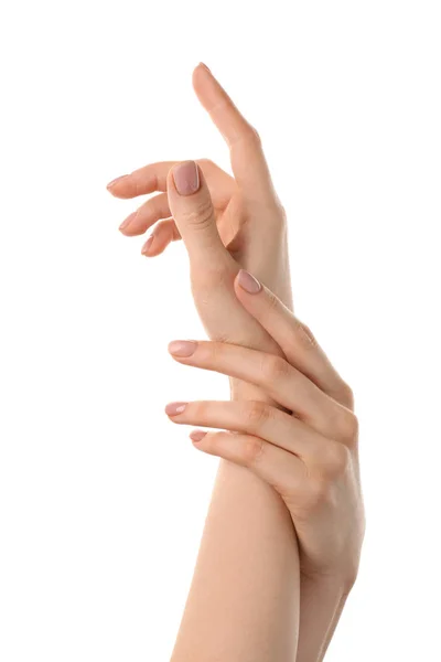Kobiecych Rąk Nude Manicure Białym Tle — Zdjęcie stockowe