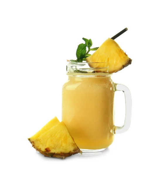 Mason Jar Met Heerlijke Ananas Smoothie Witte Achtergrond — Stockfoto