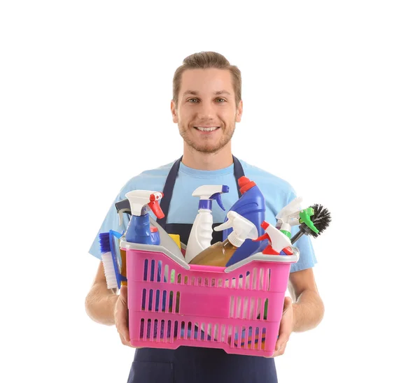 Homem Com Suprimentos Limpeza Fundo Branco — Fotografia de Stock