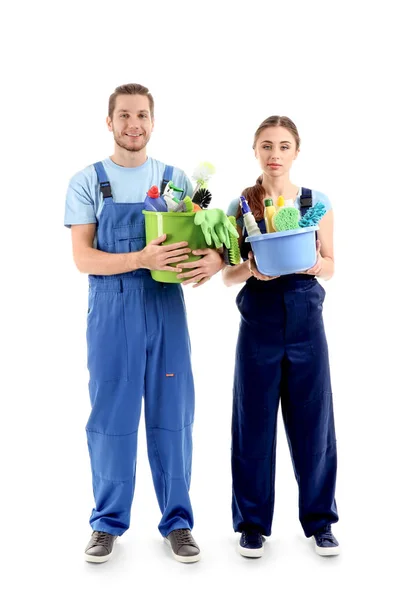 Man Vrouw Met Schoonmaak Leveringen Witte Achtergrond — Stockfoto