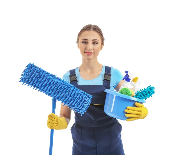 Woman Cleaning Supplies White Background — Stock Photo, Image