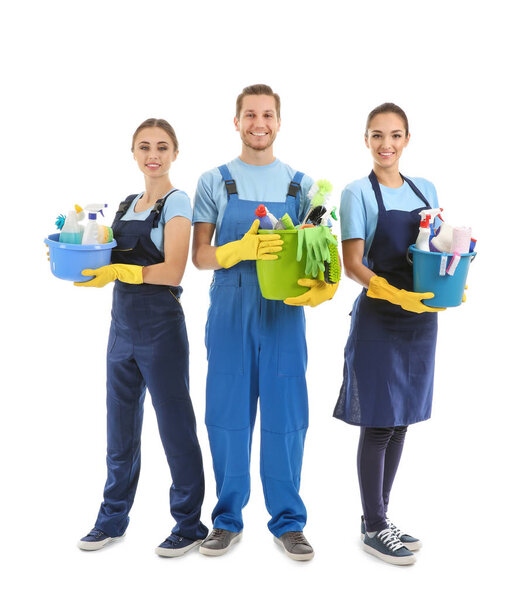 People with cleaning supplies on white background
