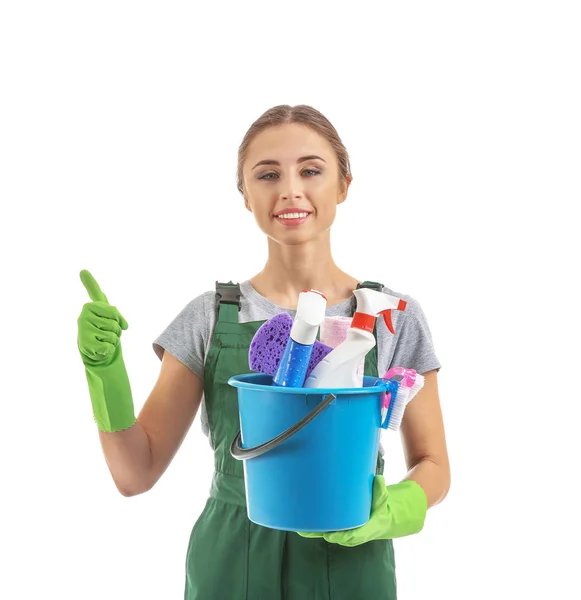 Woman Cleaning Supplies White Background — Stock Photo, Image