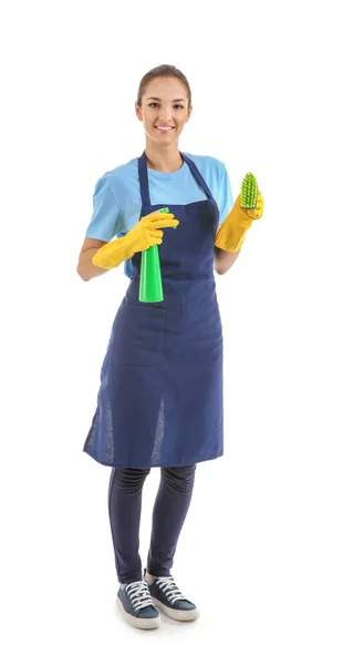 Mujer Con Cepillo Detergente Para Limpiar Sobre Fondo Blanco — Foto de Stock