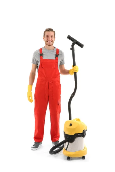 Man Vacuum Cleaner White Background — Stock Photo, Image