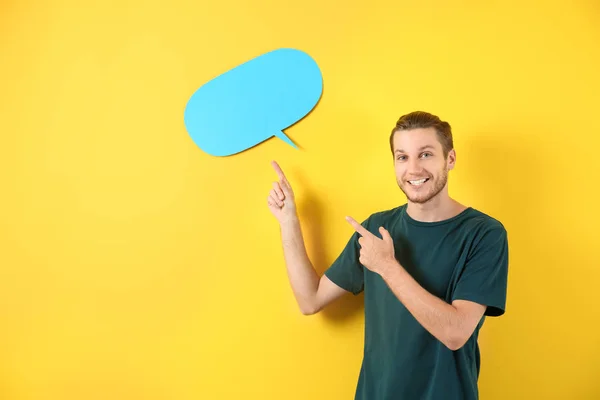 Young Man Blank Speech Bubble Color Background — Stock Photo, Image