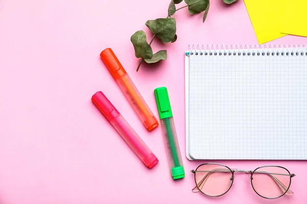 Glasses School Stationery Color Background Top View — Stock Photo, Image