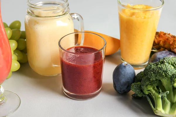 Glassware Tasty Colorful Smoothies Ingredients Light Table — Stock Photo, Image