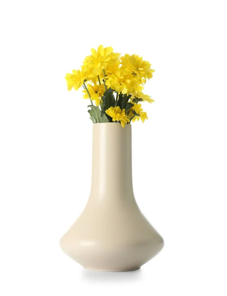 Όμορφα Λουλούδια Κεραμικό Βάζο Λευκό Φόντο — Φωτογραφία Αρχείου