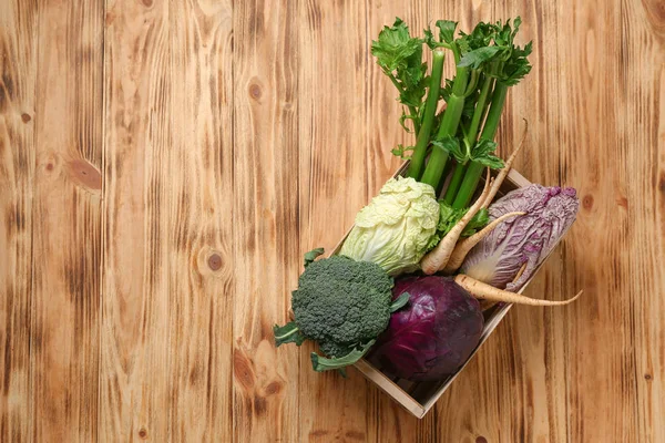 Box Different Fresh Vegetables Wooden Table — Stock Photo, Image