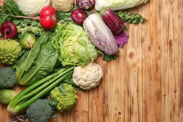 Different Fresh Vegetables Wooden Table — Stock Photo, Image