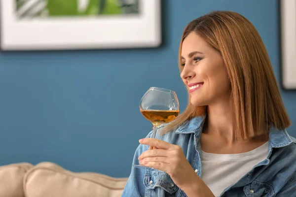 Beautiful Woman Glass Tasty Wine Home — Stock Photo, Image