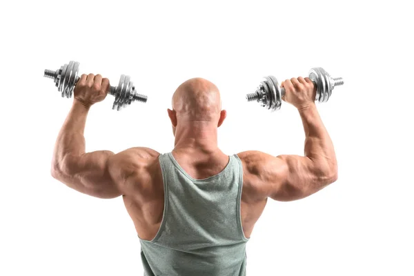 Bodybuilder Musculaire Avec Haltères Sur Fond Blanc — Photo