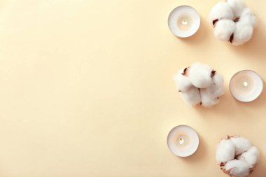 Renk arka plan üzerinde yanan mumlar ve pamuk çiçek ile düz yatıyordu kompozisyon