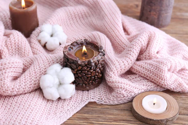 Candles Cotton Flowers Warm Plaid Wooden Table — Stock Photo, Image