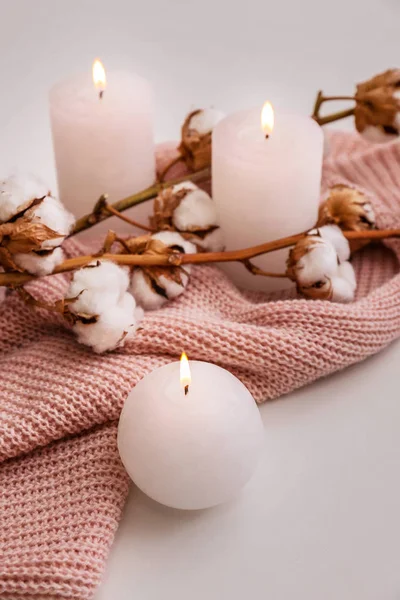 Composition with burning candles and cotton flowers on white background